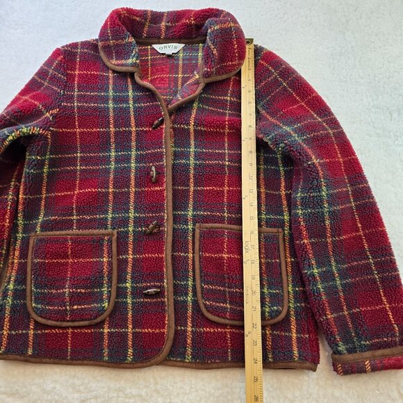 Orvis Vintage Jacket Fleece M Red Plaid Pockets Toggle Button Collar Flannel - Picture 2 of 9